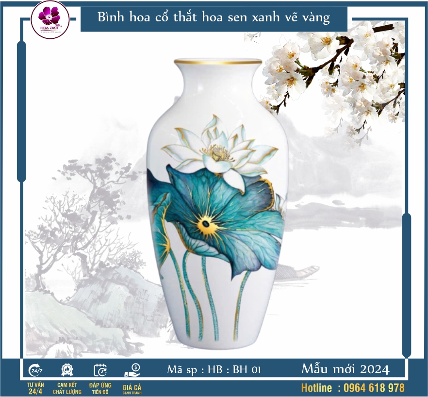 Lọ hoa chế tác sen xanh vàng kim