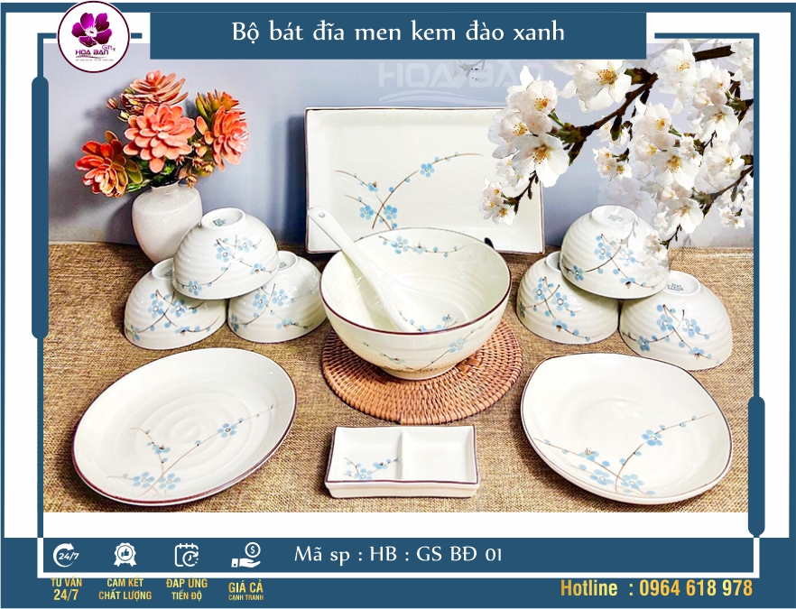 Sét bộ bàn ăn vẽ Hoa đào xanh